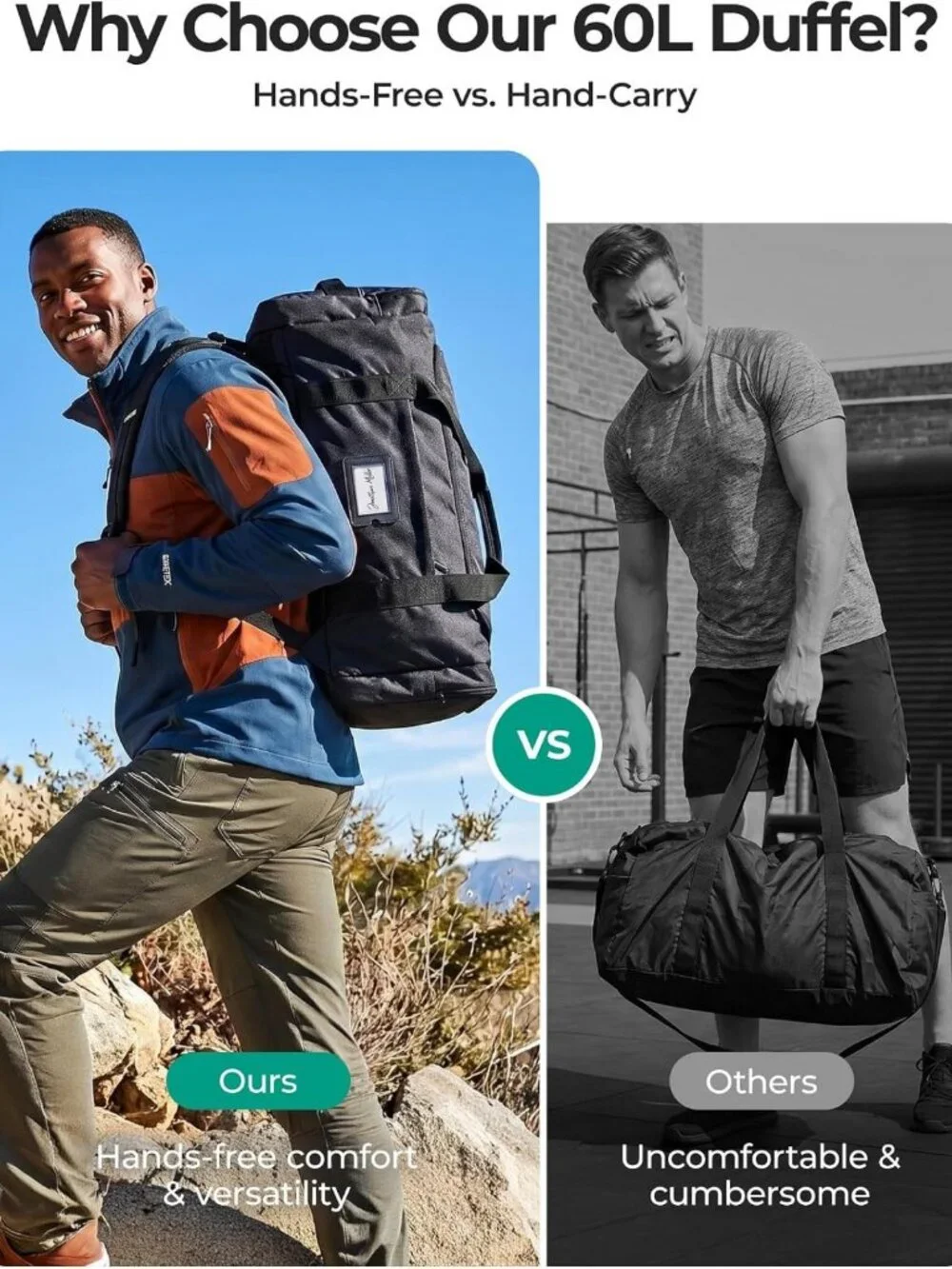 60L Foldable Duffle Bag - Large Travel Backpack & Weekender Bag, Army Green